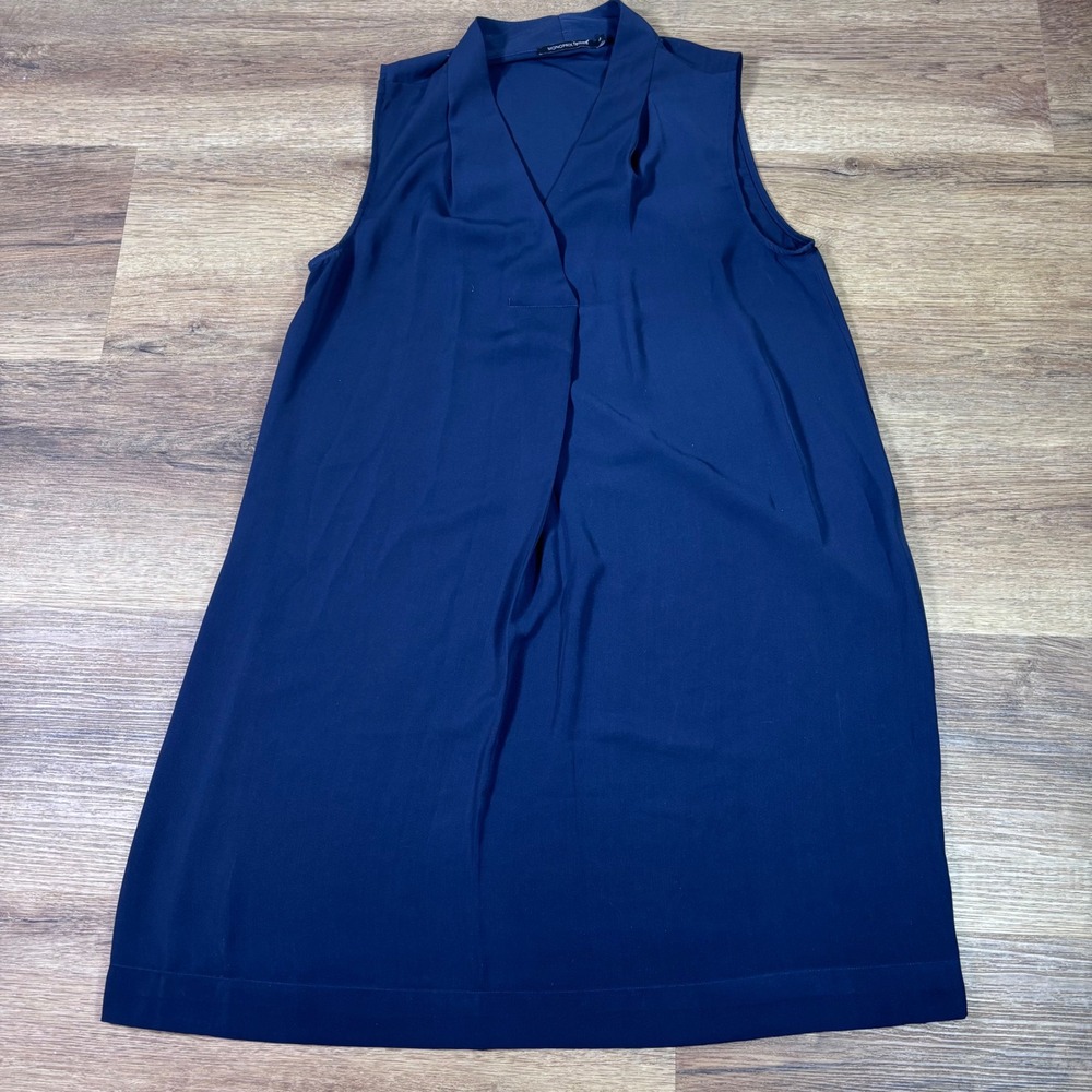Monoprix Femme Blouse Women 40 Navy Blue Sleeveless V-Neck Crossover Career Top